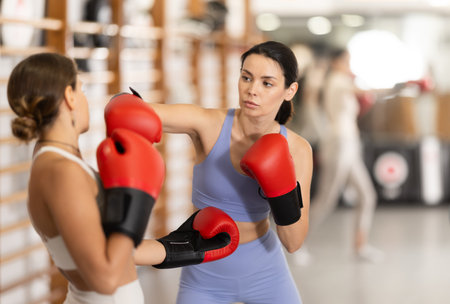 Young women in gym boxing trainingの写真素材
