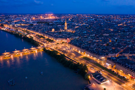 Night aerial view of historic centre of Bordeaux.の写真素材