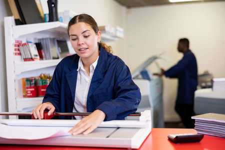 Happy young female in uniform calculates the cost of notepads and sheets in the typography