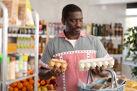 Adult man choosing eggs in grocery store