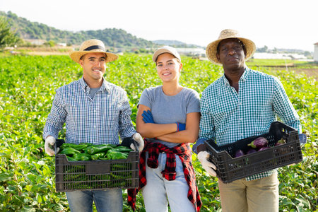 Cheerful farmers standing in field with harvested peppers and eggplantsの写真素材