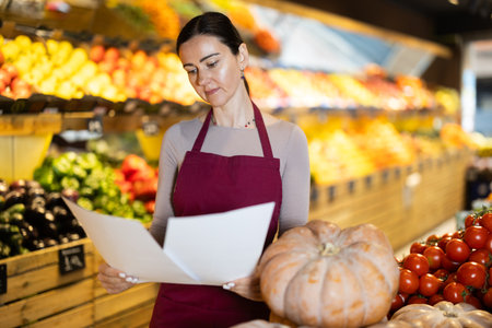 Middle-aged female seller restocking with paper in grocery marketの写真素材