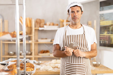 Caucasian man cook-baker stands at table in kitchen of bakery