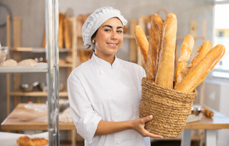 Young saleswoman displays baguettes in wicker basketの写真素材