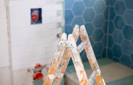Stepladder in bathroom during renovation worksの写真素材