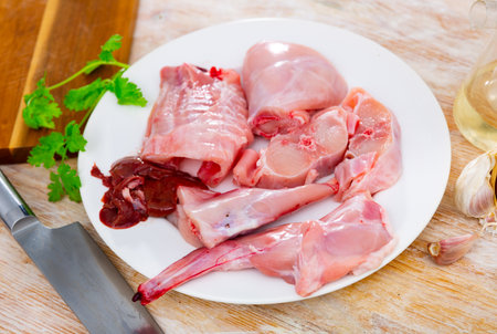 Chopped fresh raw rabbit on plate with greens, garlic and spicesの写真素材
