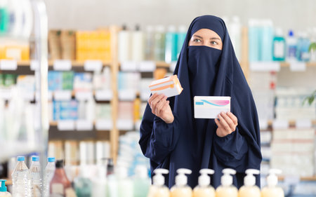 Young woman in hijab chooses pillsの写真素材
