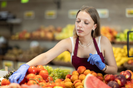 Young female seller puts tomatoes in vegetable shopの写真素材