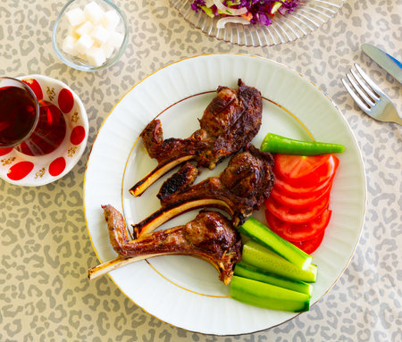 Grilled lamb mutton meat chops steaks on cutting board. Top viewの写真素材