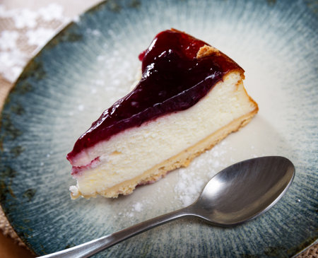 Pieces of cranberry cheesecake tart on wooden table.の写真素材