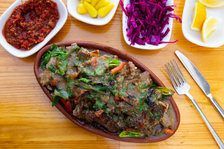 Turkish dish tirit and meze served on tableの写真素材