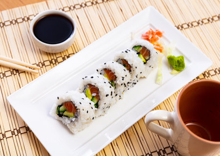 Sake roll with salmon, avocado and cucumberの写真素材