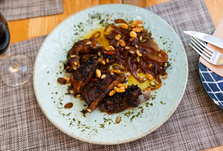 Fried chop with nuts, sesame seeds and walnuts closeupの写真素材