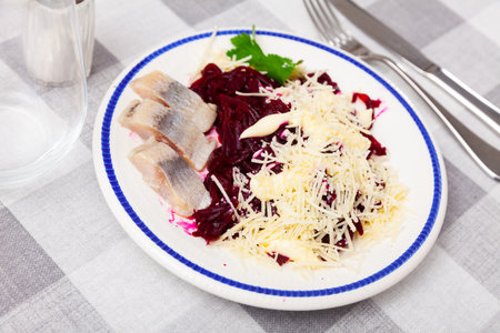 Appetizing beetroot with cheese and herringの写真素材