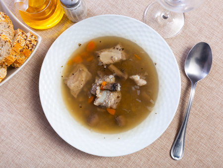 Pearl barley soup with pork and mushroomsの写真素材