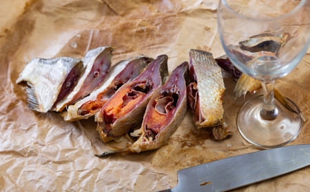 Tasty and salty dried bream nicely served as good snackの写真素材