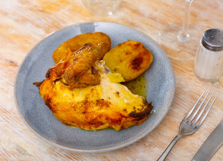Tasty roasted chicken thigh served with boiled potatoesの写真素材