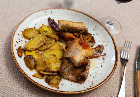 Lunch is served on plate - pieces of young rabbit baked with slice of potato. Close-upの写真素材