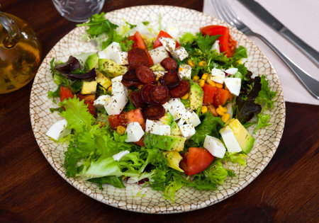 Fresh vegetable salad with mozzarella and sausagesの写真素材