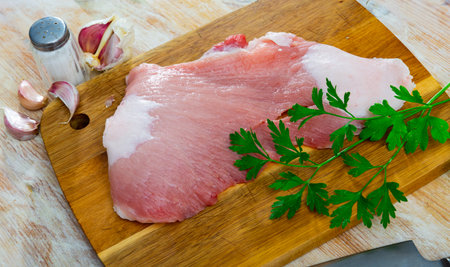 Fresh meat, raw pork Secreto steak and spices prepared for cookingの写真素材