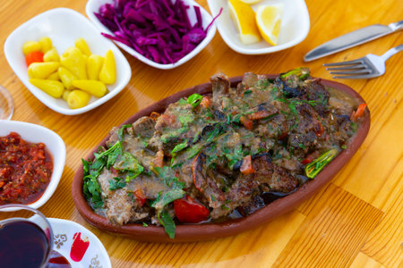 Turkish dish tirit and meze served on tableの写真素材