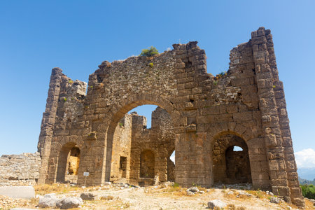 Ruined eastern section of basilica in ancient city of Aspendos, Turkeyの写真素材