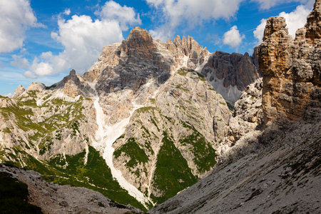 Rocky mountain peaks of Italian Dolomites on sunny summer dayの写真素材