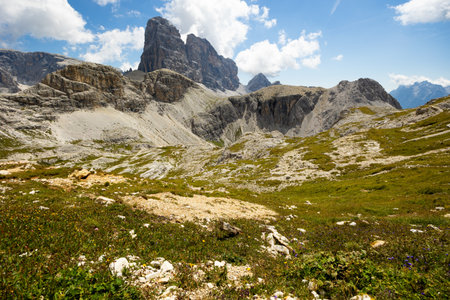 Rocky peak of Paternkofel in Sexten Dolomites mountain ridgeの写真素材