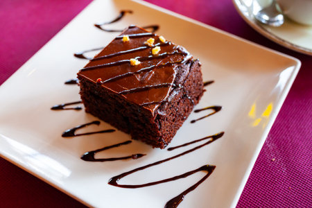 Piece of chocolate cake served on white plateの写真素材