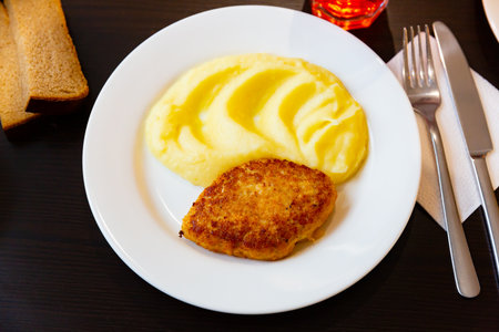 Roast meat cutlet with mashed potatoesの写真素材