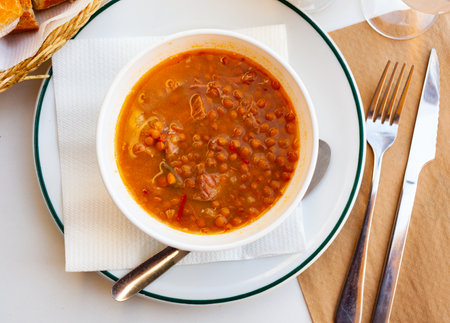 Stewed lentils with sausages, spanish Riojan lentilsの写真素材