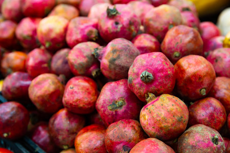Close up of pomegranates in supermarketの写真素材