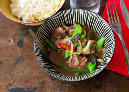 Asian cuisine beef soup with basil in Thailandの写真素材