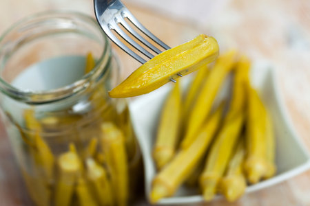 Homemade organic marinated pickled okraの写真素材