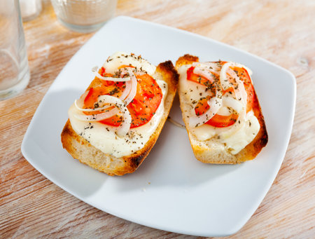 Toasted bread with cheese, onion and tomatoの写真素材