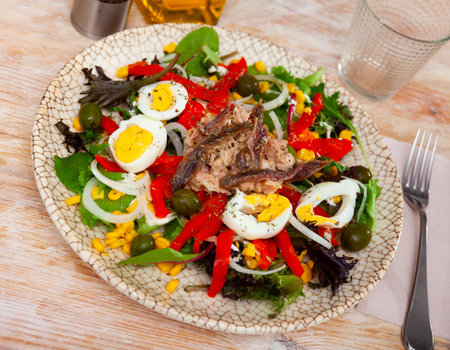 Xato salad with cod, chopped eggs and cornの写真素材
