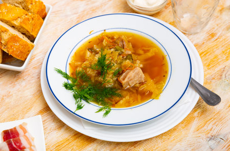 Russian dish Shchi - sour cabbage soup served in bowlの写真素材