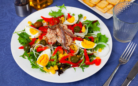 Lettuce, olive, anchovy, egg salad served on tableの写真素材