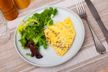 Delicious omelet with arugula on white plateの写真素材