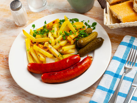 Appetizing sausages with potatoes and pickled cucumbers closeupの写真素材