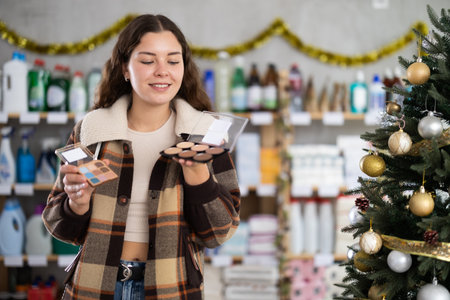 On New Year Eve, woman choose and buy make up palletの写真素材