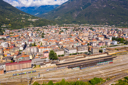 Summer view from drone of Domodossola town in Alps, Italyの写真素材