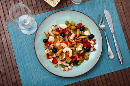 Popular Spanish Salpicon from vegetables and seafood mixの写真素材