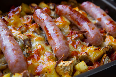 Baked vegetables with sausagesの写真素材