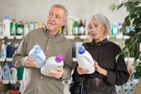 Senior spouses select and studies label liquid detergentの写真素材