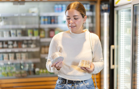 Young woman choosing cheese in grocery supermarket
