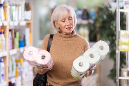 Positive mature woman choosing paper roll tissue in department storeの写真素材