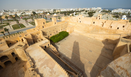 View from watchtower at Ribat of Monastir to fortress and cityscape, Tunisiaのeditorial素材