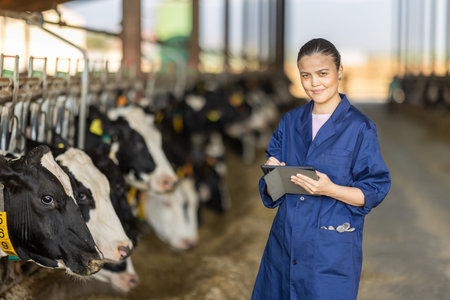 Positive middle-aged female worker checking cows with tablet at dairy farm