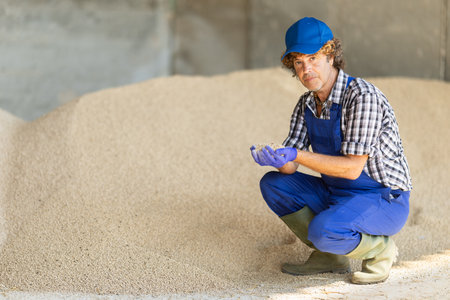 Male farmer looking at feed in warehouseの写真素材